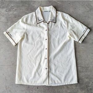 Vintage White Crinkle Gauze Embroidered Trim Short Sleeve Button Front Shirt